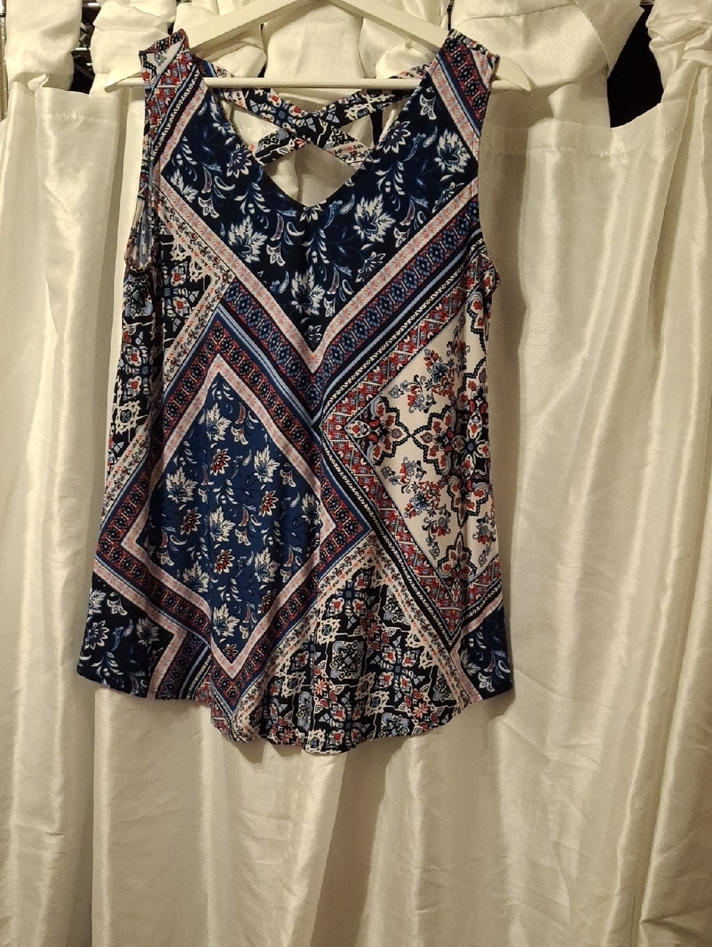 Westport Navy and White Patchwork Floral Crisscross Tank